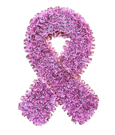 Breast Cancer Ribbon - The pink symbol of Breast Cancer Awareness, created using massed pink chysanthemums on a cut-out flat design and finished with pleated pink ribbon edging.