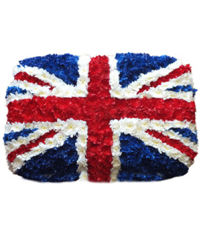 Union Jack Tribute - A patriotic flag design, expertly crafted using chrysanthemums in white, dyed red and dyed blue on a board size of approximately 22" x 12" in size.