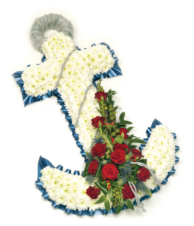 Anchor Tribute - A stunning white chrysanthemum-based anchor shape tribute, edged in blue pleated ribbon edging and finished in a rich-red rose spray