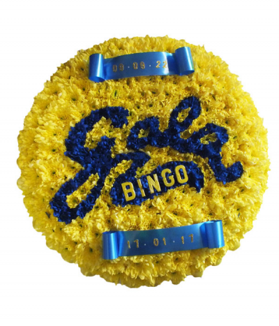 Bingo Logo Tribute - A striking yellow and blue chrysanthemum-based Gala Bingo logo tribute, featuring expertly crafted massed lettering and finished with ribbon details.
