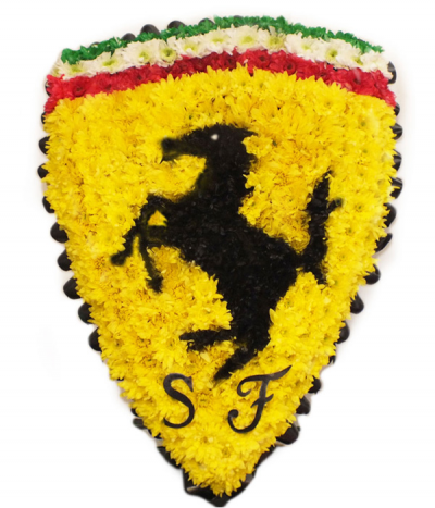 Ferrari Badge Tribute - The ideal tribute for a motoring fan, this classic Ferrari badge tribute is carefully constructed using chrysanthemums, in natural bright yellow as well as other dyed colours.