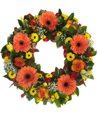 Vivid Wreath - A striking, vibrant display of colour, this loose wreath tribute consists of bright orange gerberas, yellow santini chrysanthemums, orange roses, gypsophila and more.