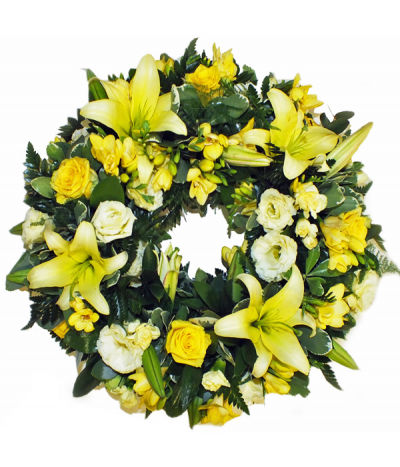 Lemon Love Wreath - A glorious display of mixed yellow flowers arranged in a wreath tribute, including lilies, freesias, lisianthus, roses and much more.
