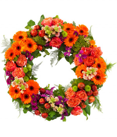 Orchard Wreath - A contemporary, grouped wreath design incorporating rich oranges, reds, greens and a touch of purple for an Autumnal feel.