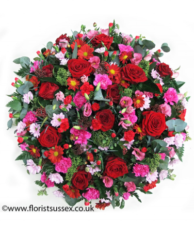 Merlot Posy - A rich red and vibrant pink mixed posy pad tribute, featuring luxurious red roses and chrysanthemums alongside pink spray-carnations, lisianthus and fresh seasonal foliage.