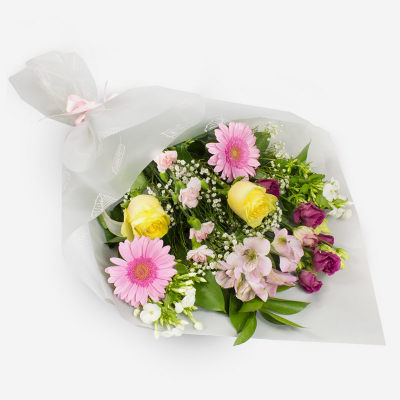 Summer Sunshine - Bright sunshine flowers make this a lovely bouquet perfect for any occasion. A collection of seasonal flowers in coordinated wrapping, hand-delivered by the professional local florist.