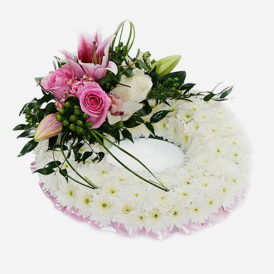 Pink Massed Wreath - Beautiful subtle pinks suitable for a funeral. 12" £60 /14" £70 16" £85